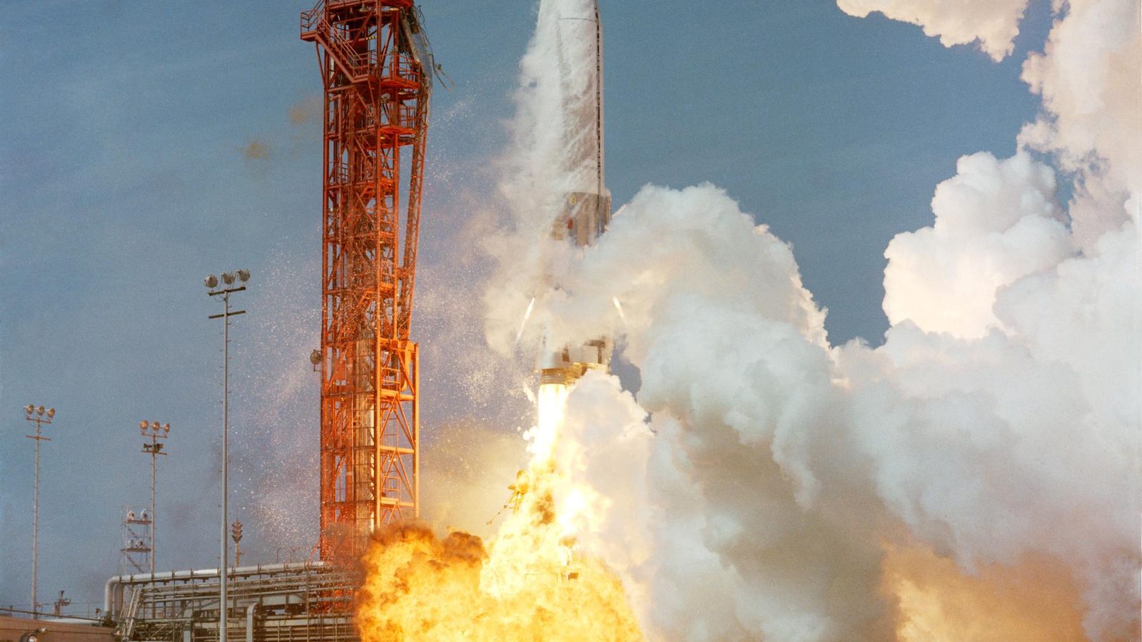 An Atlas rocket carrying the Agena target vehicle lifts off from Cape Kennedy on 16 March 1966, shortly before Gemini 8